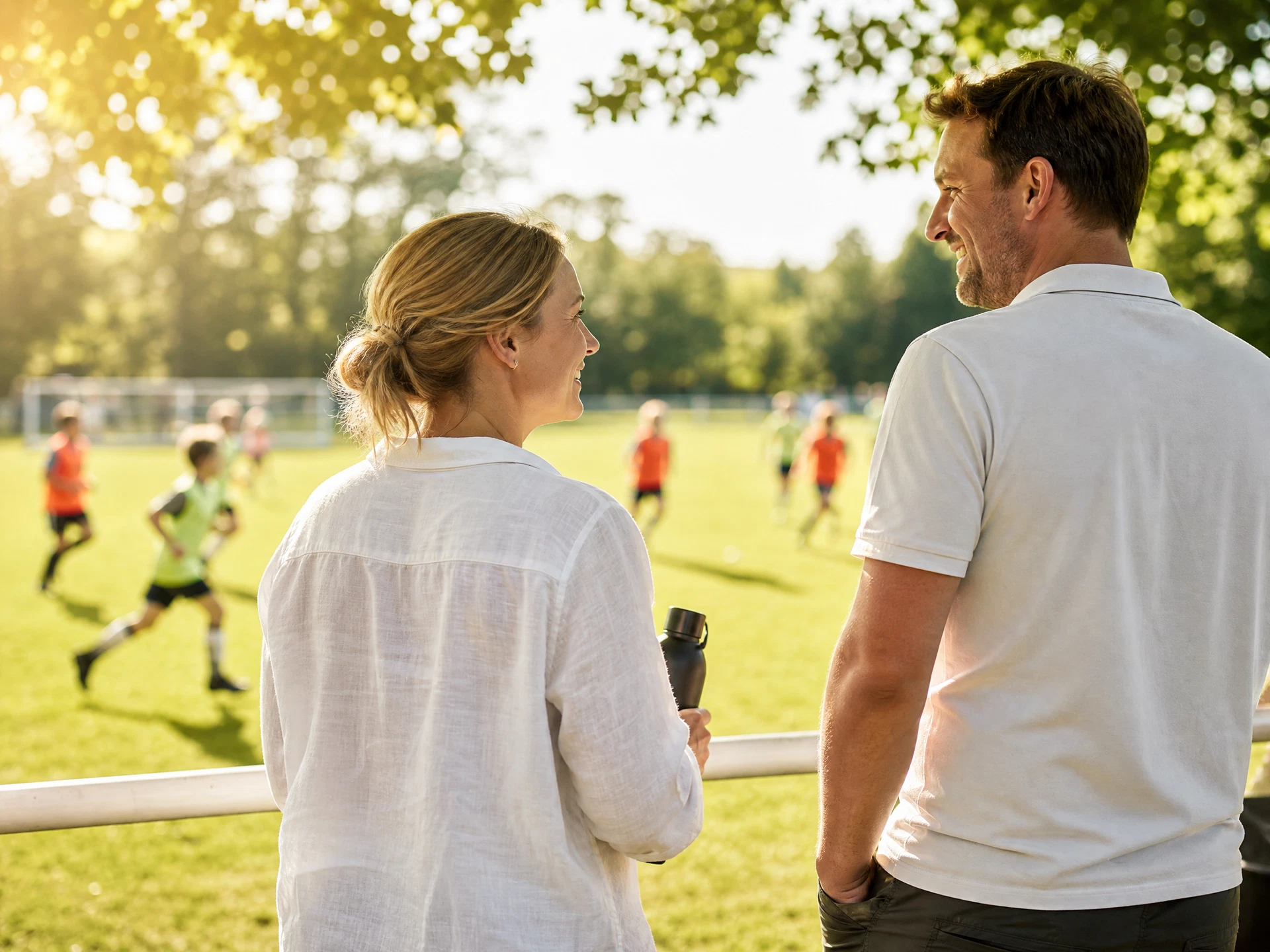 Parents watching their child's match from the touchline on a summer afternoon